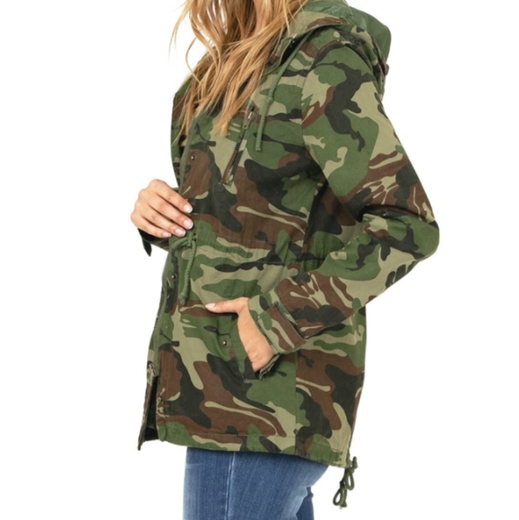 Camouflage print cotton hooded utility cargo jacket zip front lined New - Picture 9 of 9